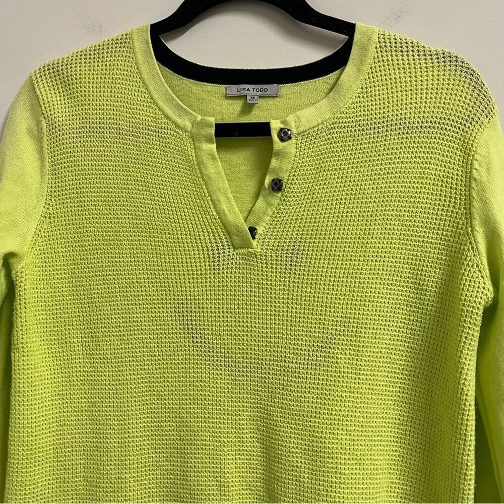 Lisa Todd Smiley Cashmere Blend Waffle Knit Sweater XS Neon Green - Picture 2 of 6